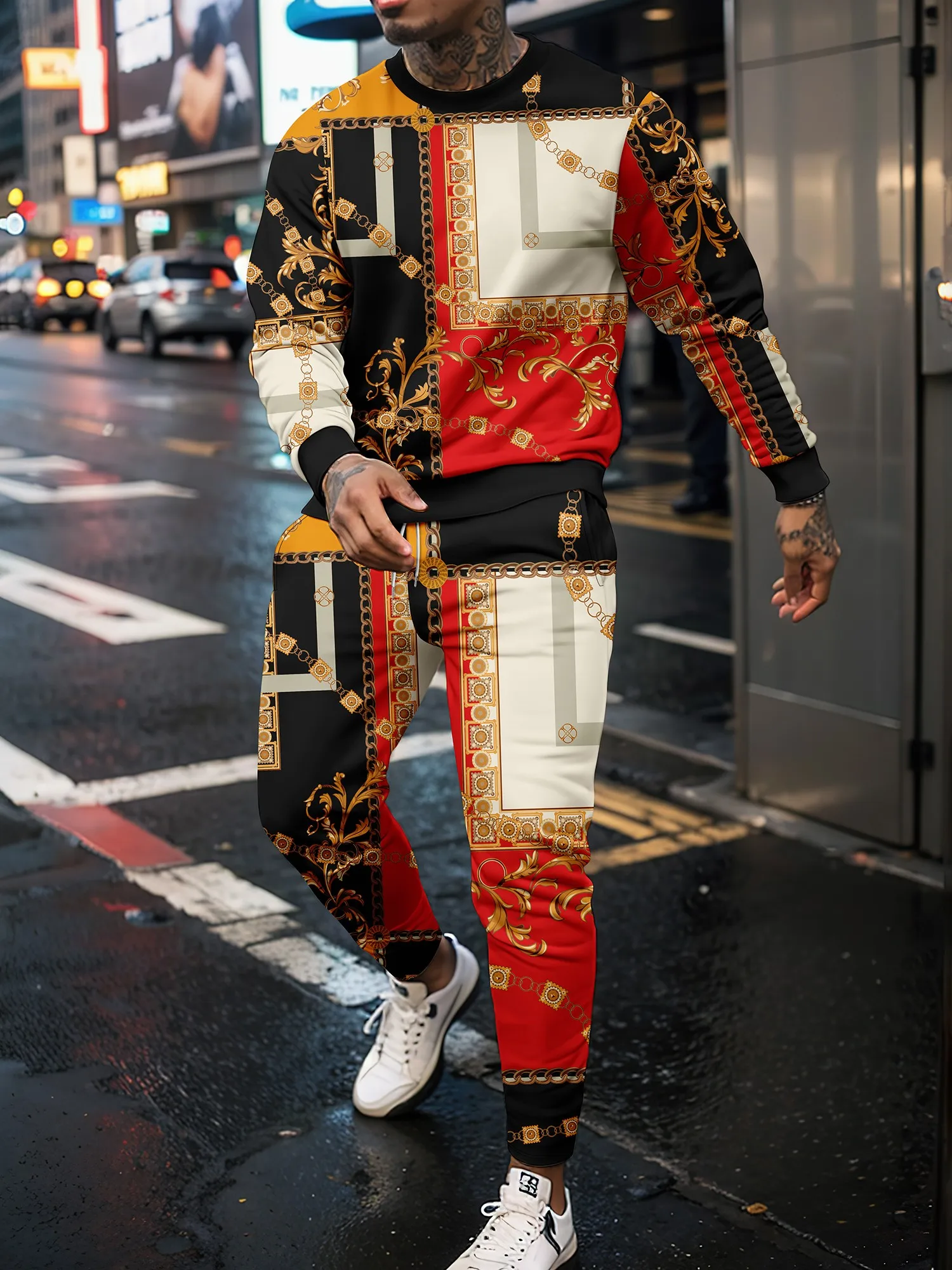 Retro trendy 3D printed sports shirts sports pants long pants men\'s round neck sports and fitness sets casual street wear