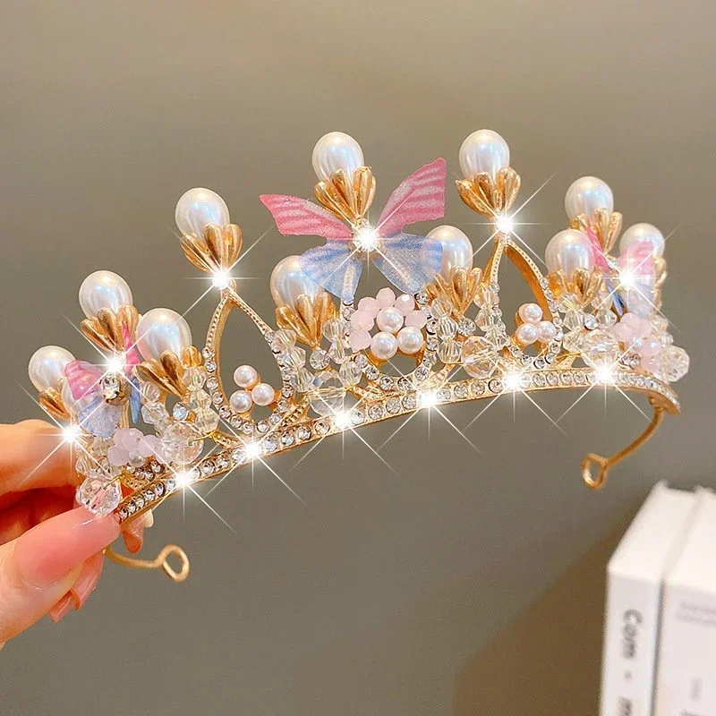 

Pearl Crystal Rhinestone Princess Crown Handmade Tiaras for Girls Birthday Wedding Party Catwalk Queen Diadems Butterfly Decor