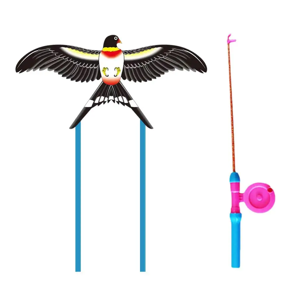 Cartoon Children Kite Flying Toys + 50cm Hand Brake Fishing Rod Line Large Parrot Eagle Butterfly Swallow Goldfish Kite For C6Q9