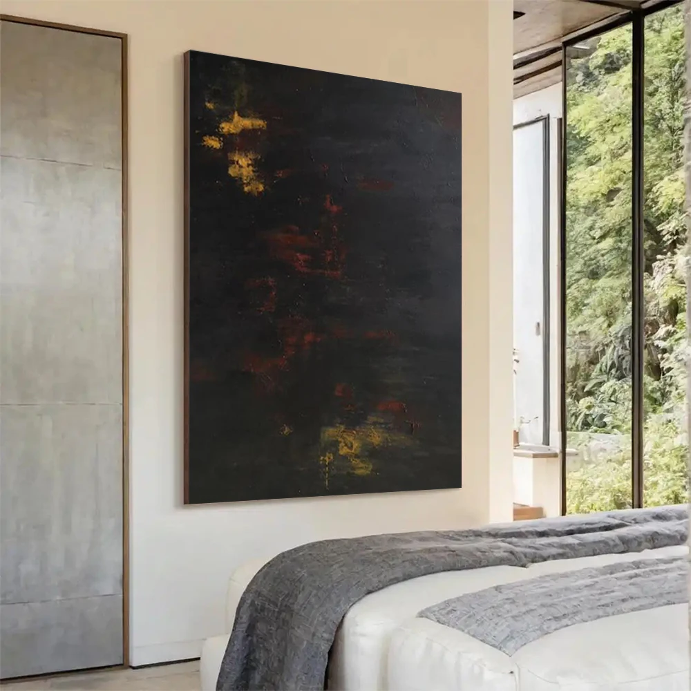 100% Handmade Abstract Oil Painting Black and Gold Vintage Furniture Style Wall art image For Home Living Room Decor Picture