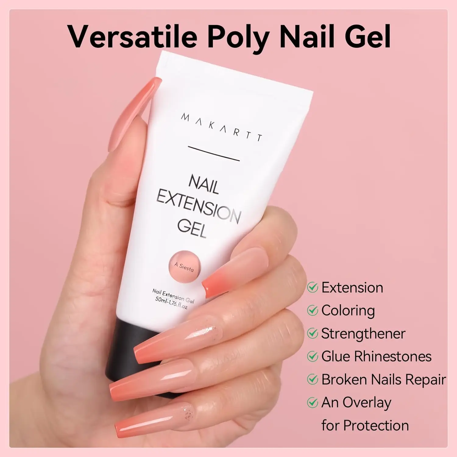 Makartt Poly Nails Acryl Gel , 50ML Nail Extension Gel Nail Enhancement Gel Clear Pink Hard Builder Gel Varnish Long Lasting