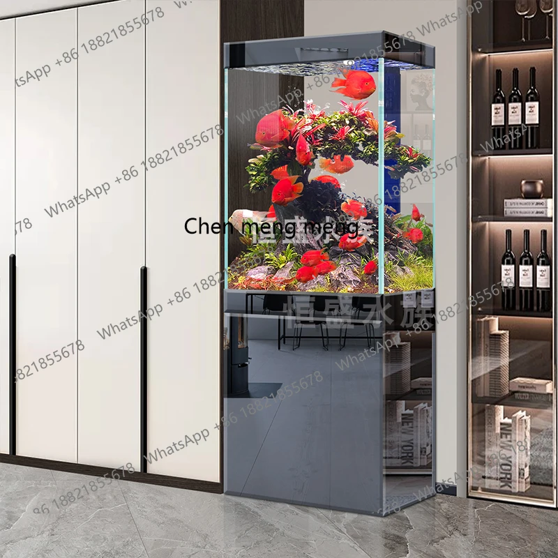 

Household water-free fish tank high-end floor-to-ceiling ultra-white glass integrated vertical gold fish tank bottom filter