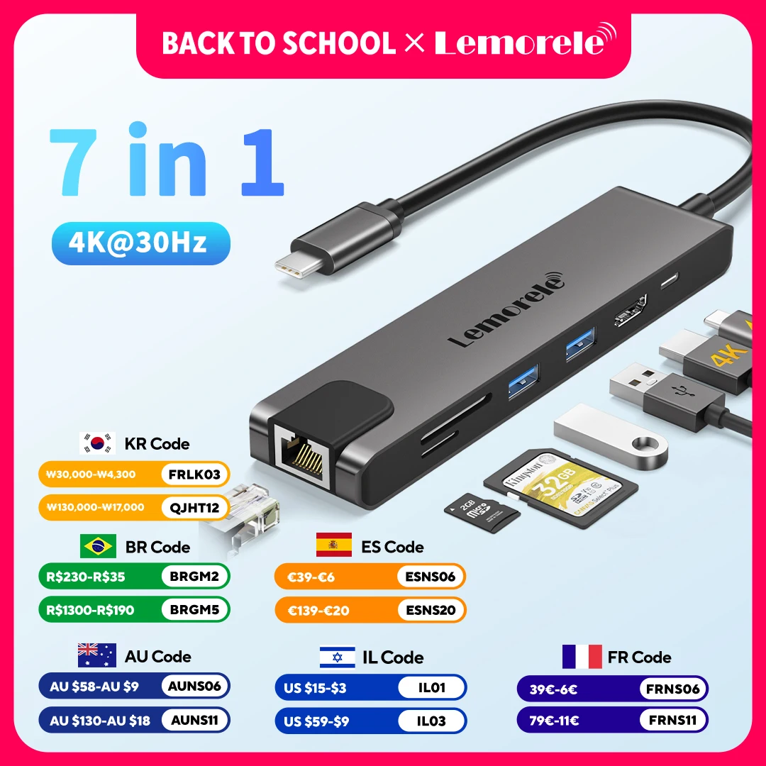 Lemorele TC25 USB C Docking Station 7-in-1 Link 4K 30Hz HDMI Display HUB for Mac&Windows&Android PD100W Gigabit RJ45 SD&TF