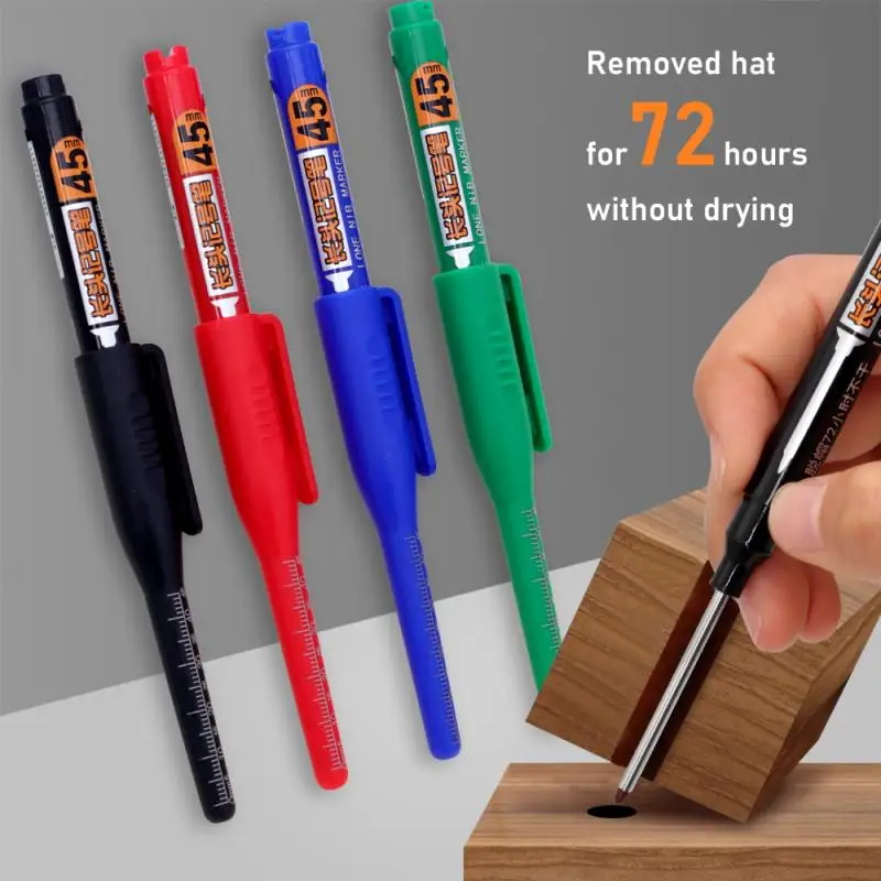 4Pcs Extended Deep Hole Marker Set, 45mm Long Tip Carpenter Marking Pen, Suitable for Woodworkers, Carpenters & Construction