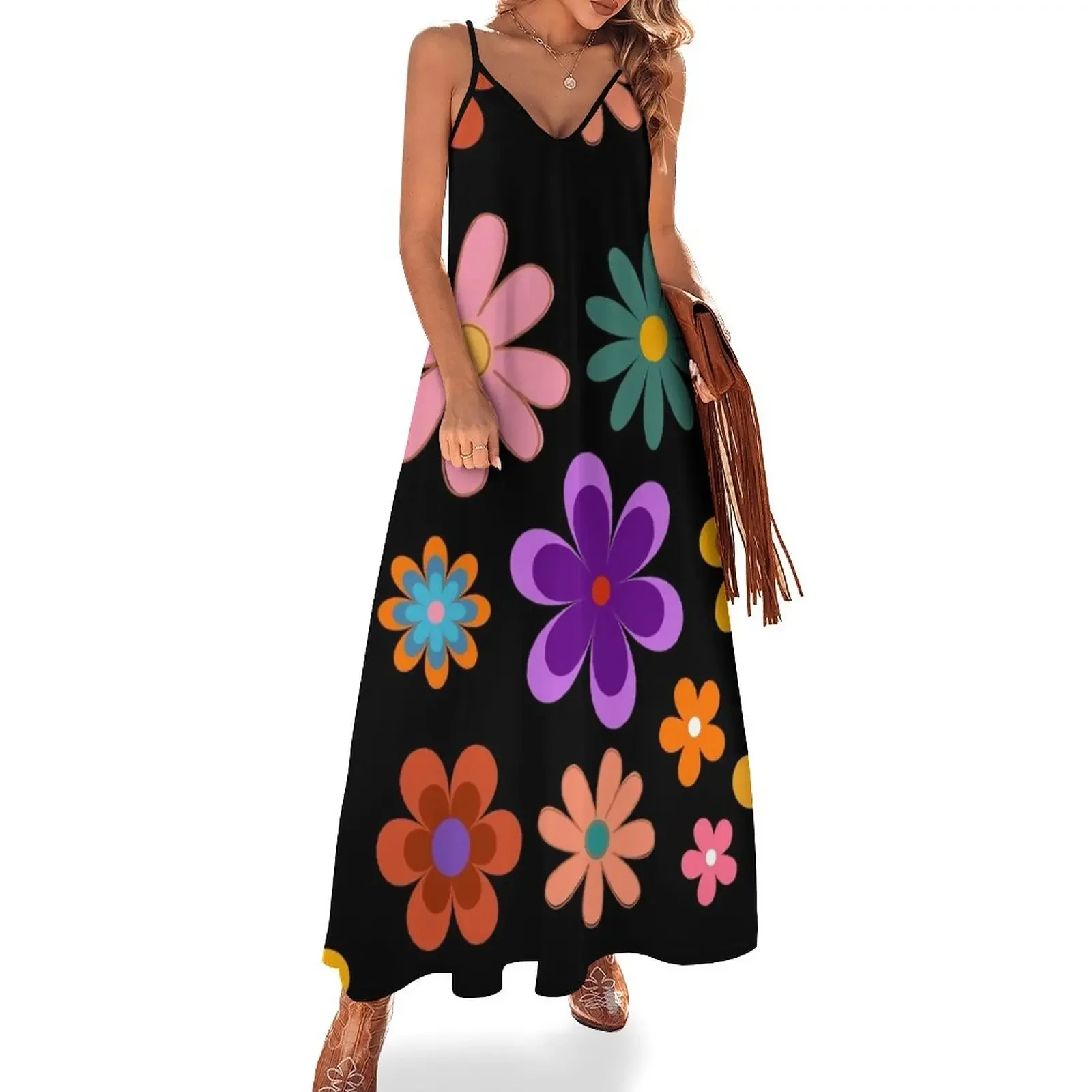 

Go Go Girl Retro 60's Multi Color Flowers Fun French Design Sleeveless Dress prom dresses Prom gown