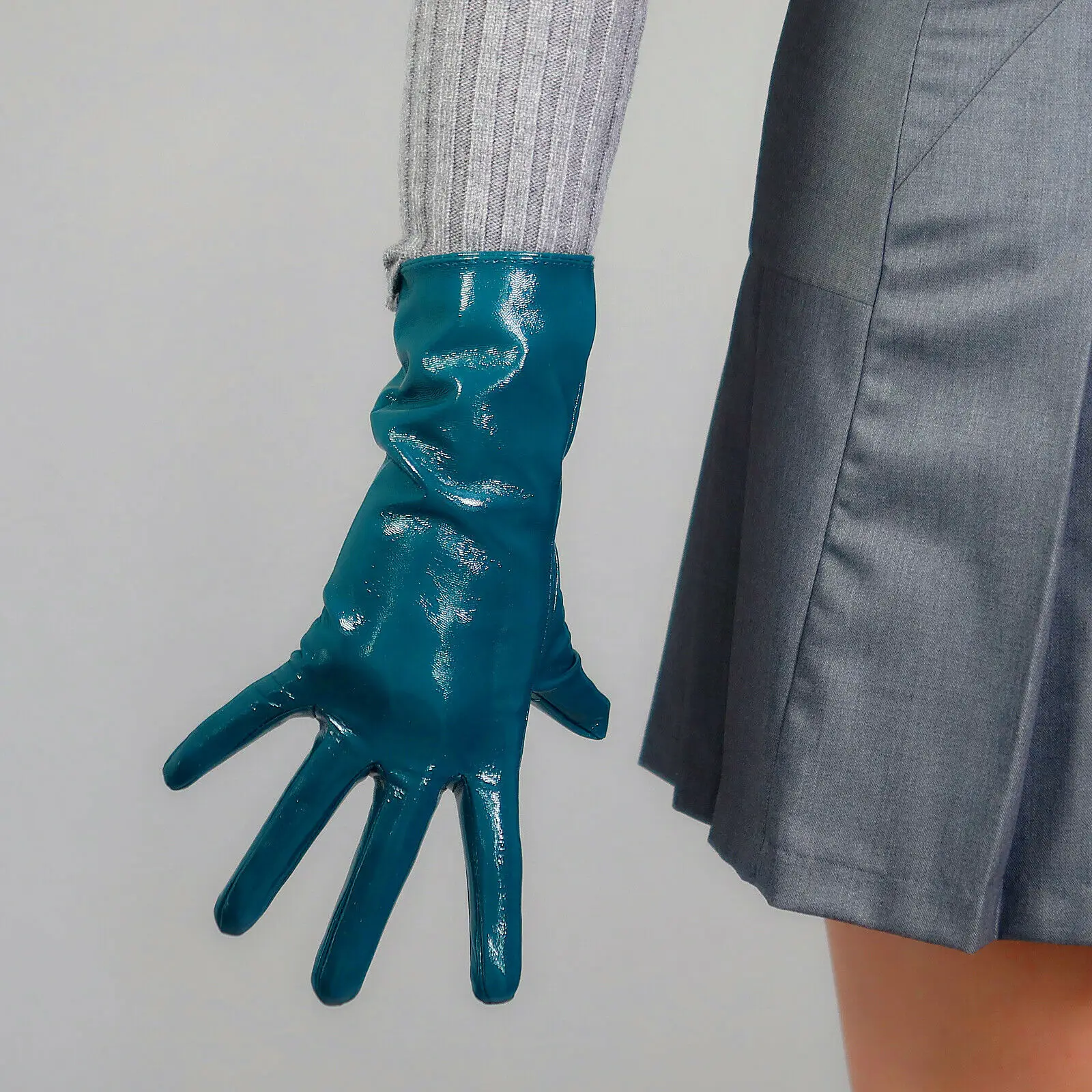 

Teal LATEX GLOVES Short Wrist Faux Patent Leather Shine Wet Look Peacock Blue Halloween Costume Fashion Cosplay Evening Glove