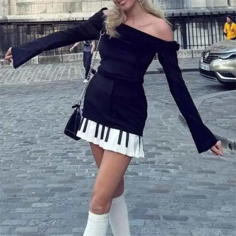 Women Y2K Pleated Skirt Contrast Color Mini Skirt Summer A-line Skirt Dress Vintage Streetwear for Party Club