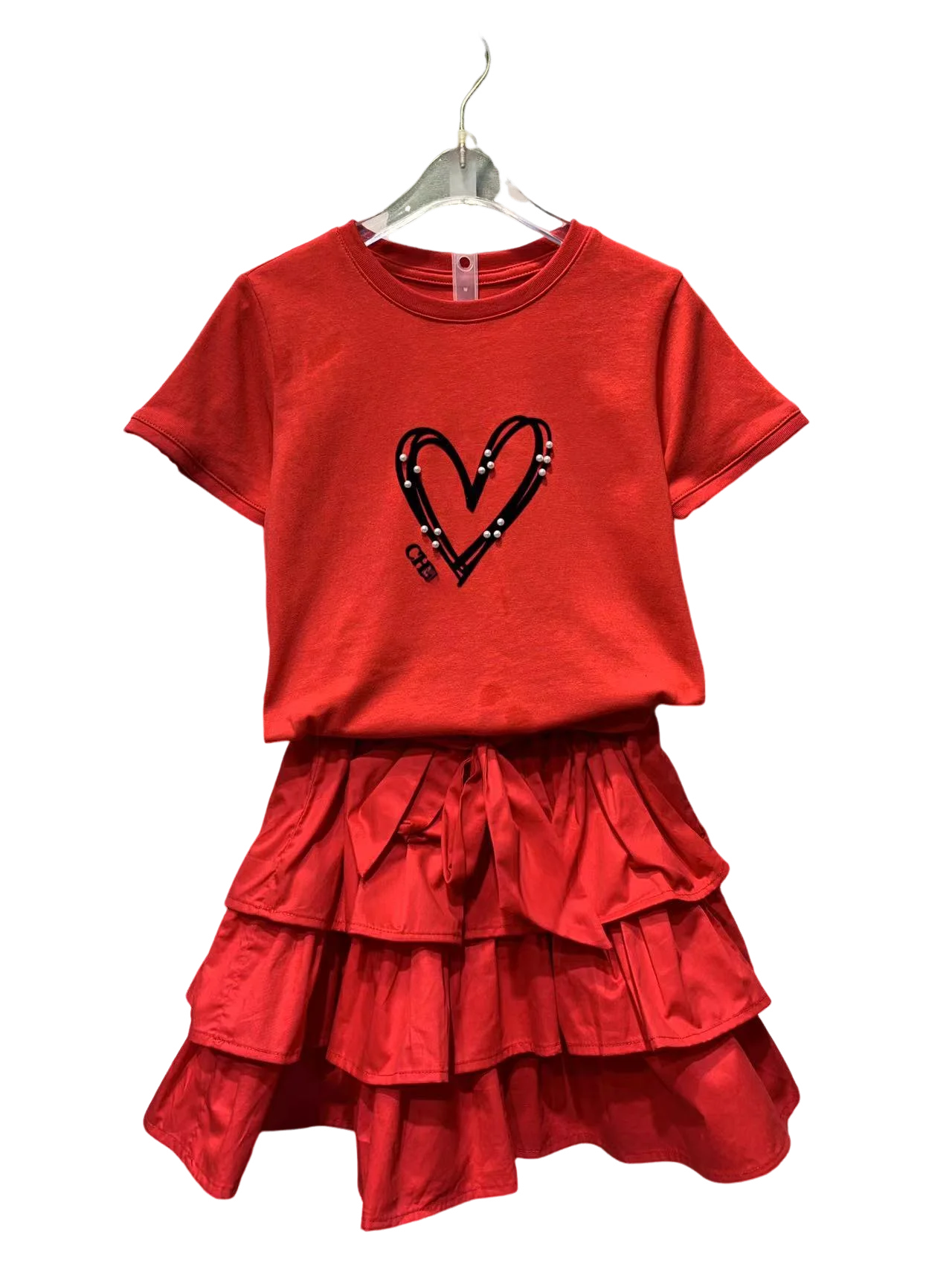 high fashion kids clothing sets 2024 summer new letter embroidery short sleeve with skirt for baby girls 2 piece red sets dress