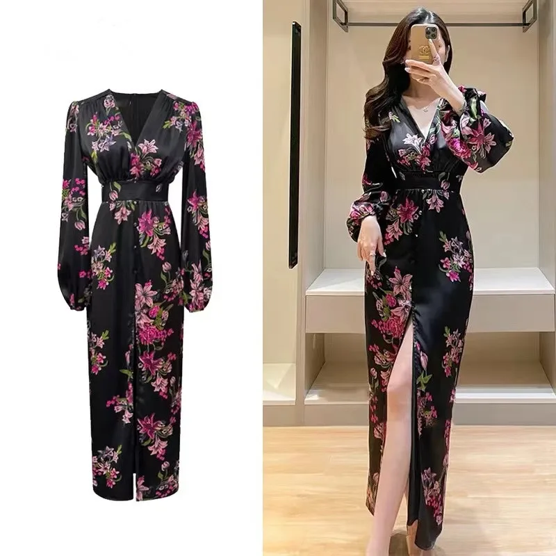 M-4XL New Elegant Summer Flower Print Split Long Dress For Women V Neck Puff Sleeve High Waist Bodycon Holiday Party Clothing