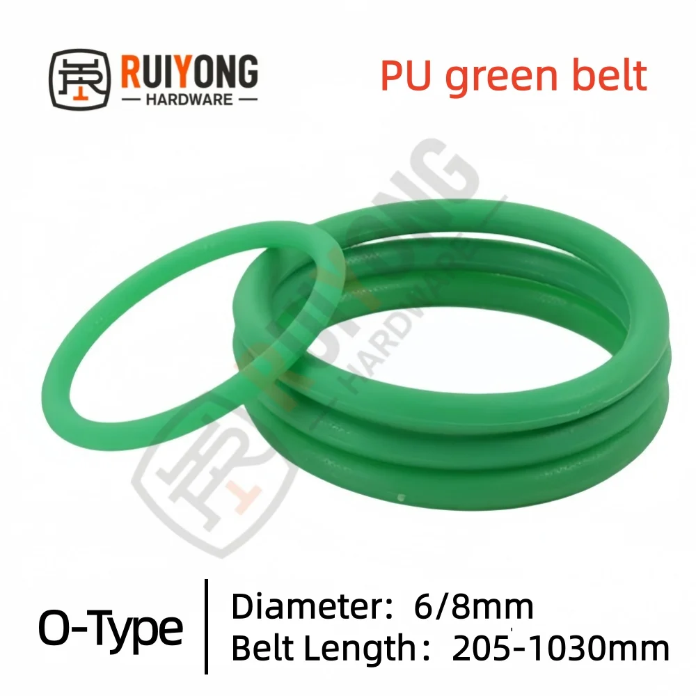 O-Shaped Green PU Polyurethane Seamless Splicing Ring Belt, Diameter 6/8mm, Belt Length 205-1030mm