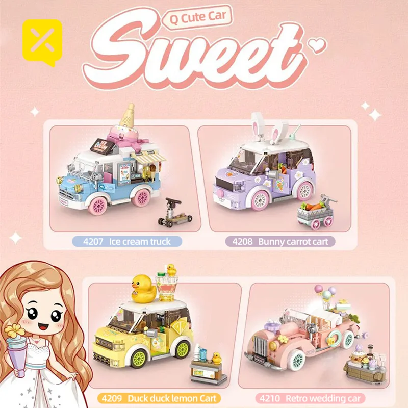 Q-Moe Series Sweetheart Car Building Blocks Set Girls' Mini Food Truck Building Blocks Toy Christmas Birthday Gift