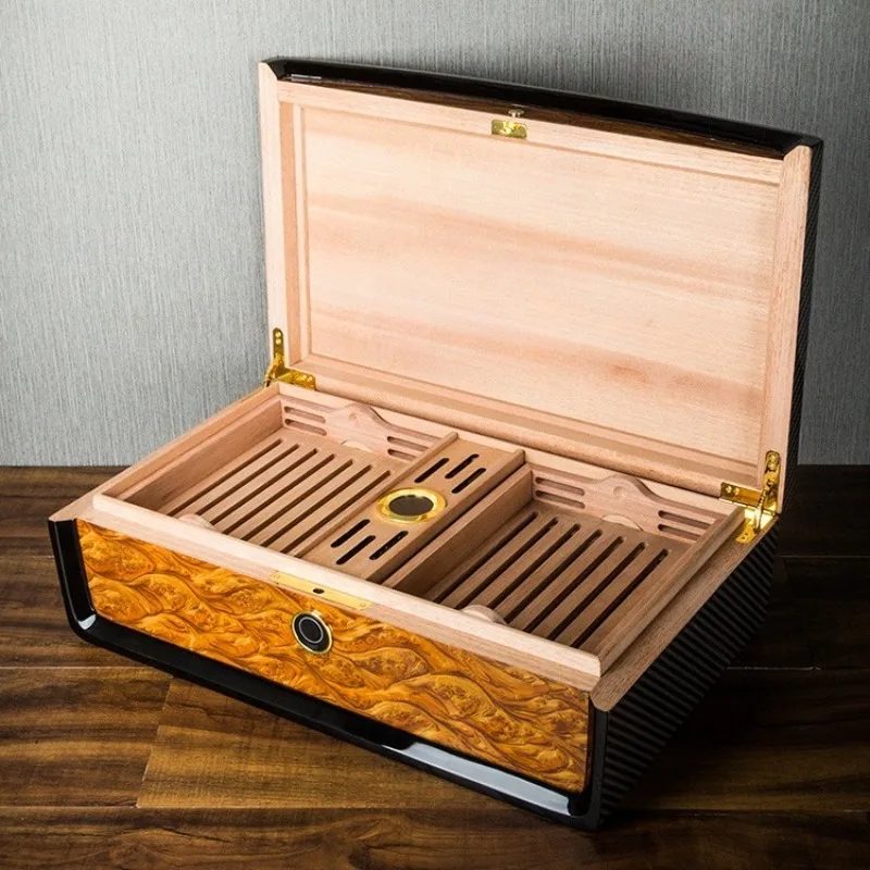 Humidor Fingerprint Lock Carbon Fiber Grain Large Capacity Cedar Humidor, Humidor