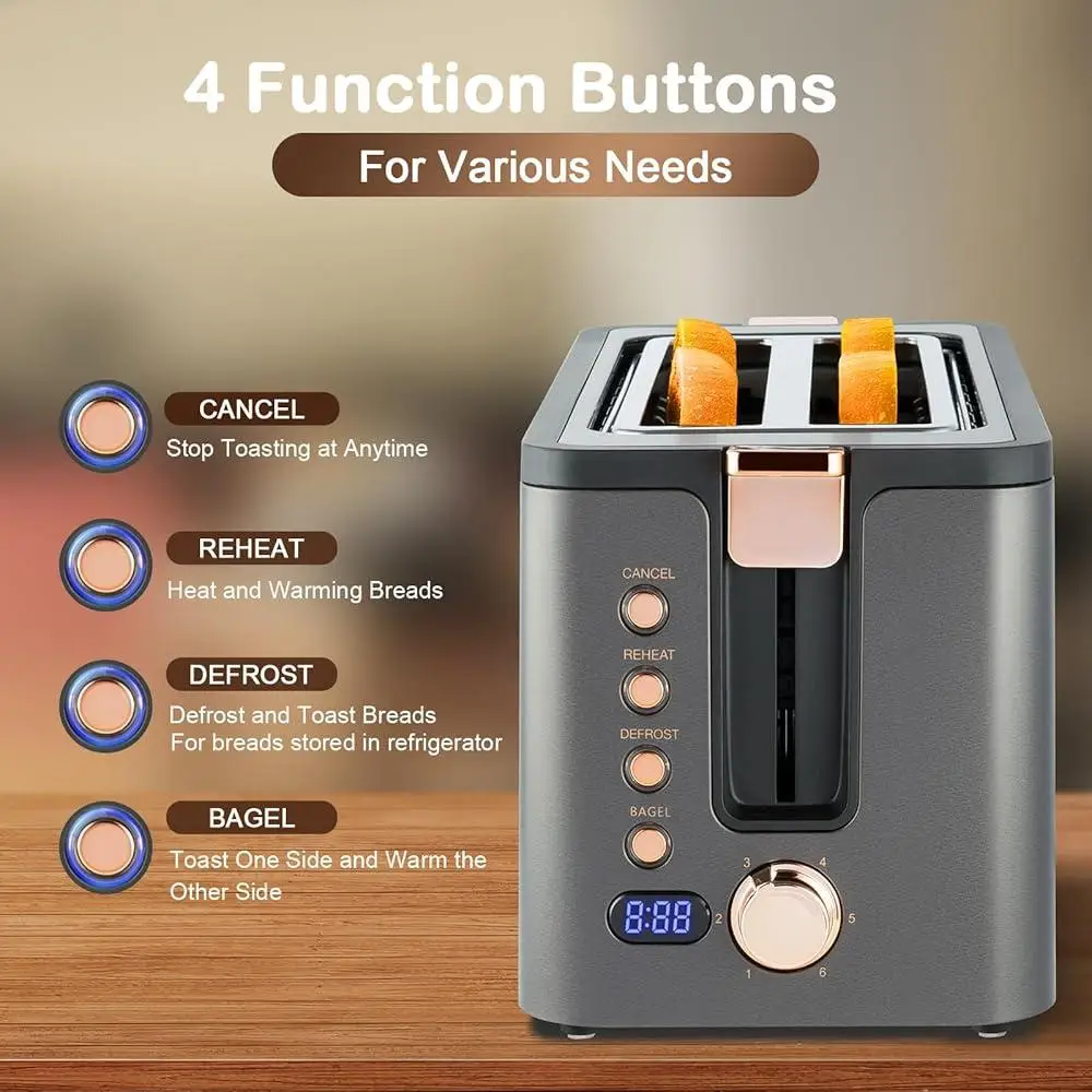 Tostapane a fessura lunga a 4 fette con cremagliera riscaldante Bagel Sbrinamento Funzioni di riscaldamento Vassoio briciole in acciaio inossidabile Conto alla rovescia digitale 6