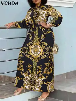 فستان فوندا ماكسي 2024 فستان صيفي نسائي بوهيمي مطبوع للحفلات فستان صيفي بأكمام طويلة وياقة ثابتة رداء غير رسمي للعطلات بحزام