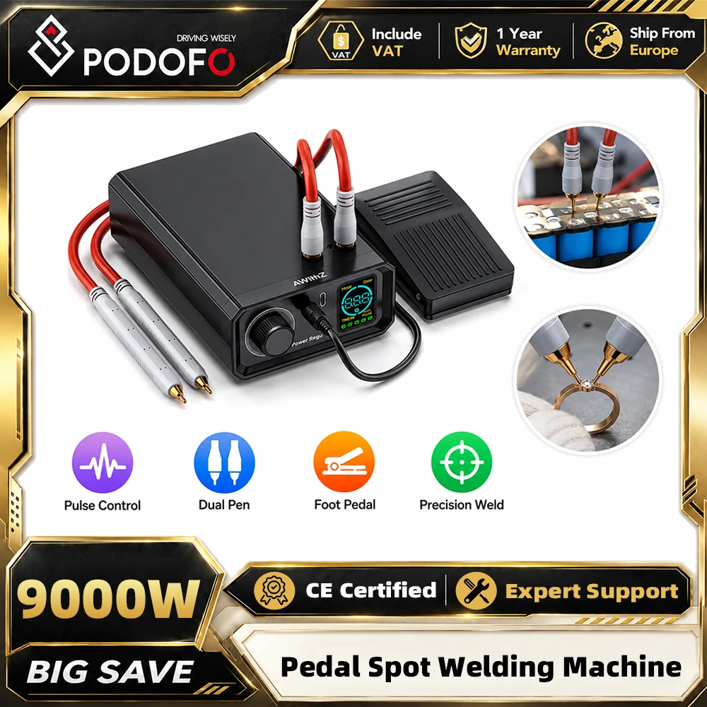Podofo Verbesserte 9000W 1380A Punktschweißmaschine Dual Pulse 100 Geschwindigkeitsstufen Einstellbarer Mini-Punktschweißer für 18650 Batterie Tragbares Batteriereparatur-DIY-Schweißgerät mit Fußpedal