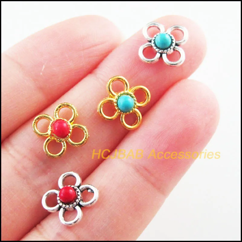 

Fashion 30Pcs Retro Gold Color Tibetan Silver Tone Flower Clover Blue&Red Stone Charms Connectors 9.5mm
