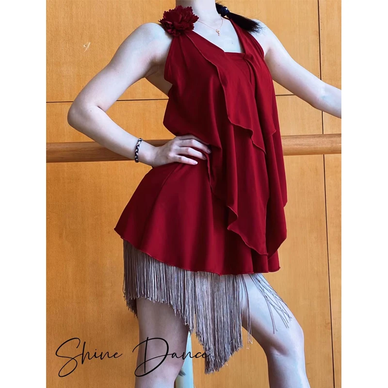 Vestido de baile latino para mujer, traje rojo sin mangas con borlas, ropa de práctica de Samba, Tango, Chacha, actuación latina, DQS13146, 2023