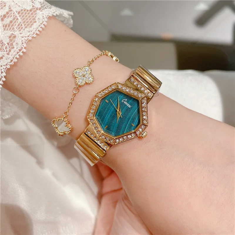 Cacaxi Rose Gold Sliver Watch Women Quartz Wristwatch Simple White Dial Square Clock Fashion Diamond Stainless Steel Green Reloj