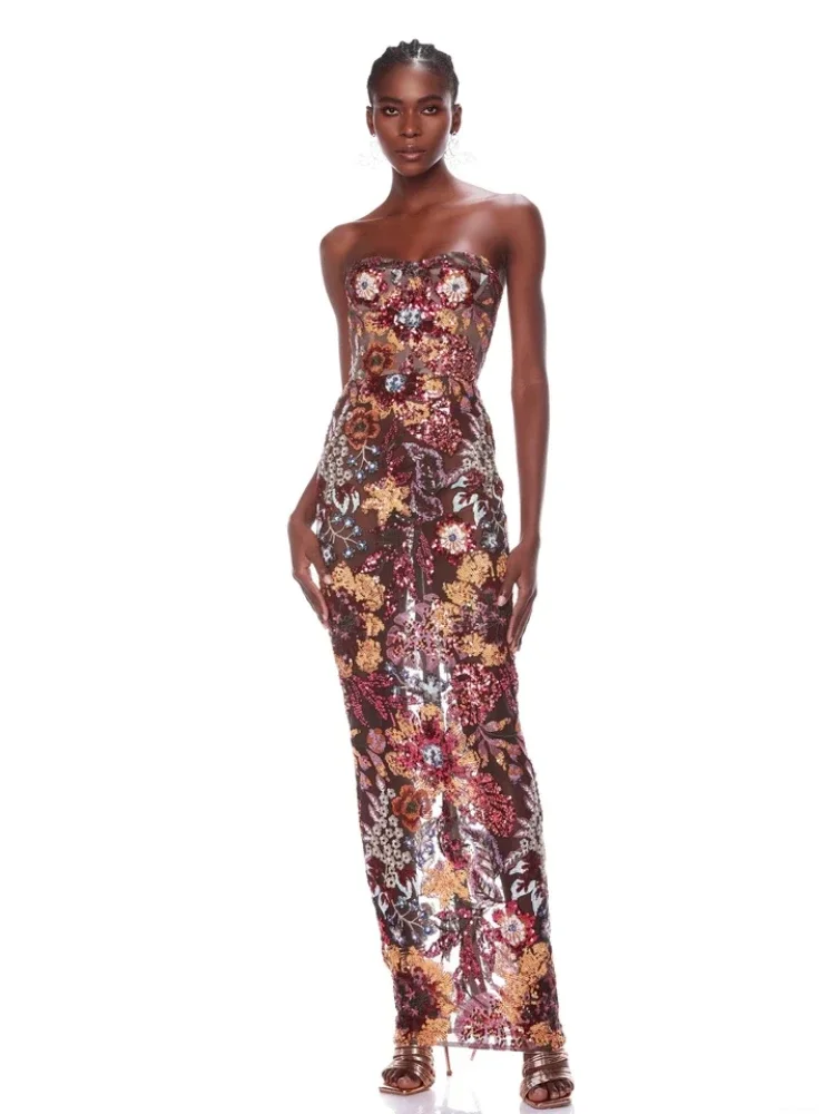 

New Sexy Strapless Floral Sequin Long Dress Women Luxury Sequins Flower Backless Slim Dresses Evening Party Runway Gown Dress