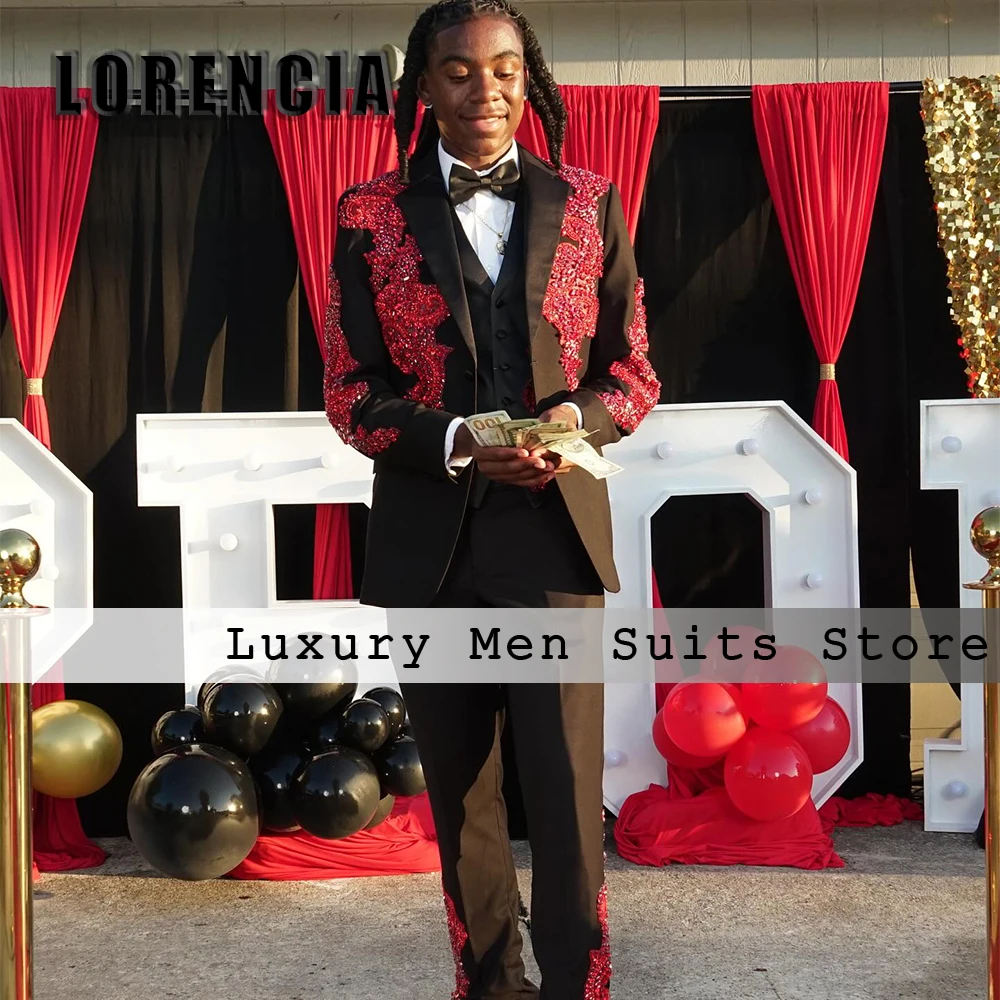 

Casual Crystal Applique Men Suits 3 Piece Single Breasted Wedding Party Outfits Customized Blazer Vest Pants robe mariage femme