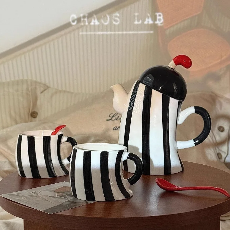 

Nordic Minimalist Black White Striped Ceramic Tea Set, 1 Teapot 2 Cups, Creative Akimbo Design, Luxury Afternoon Coffee Set