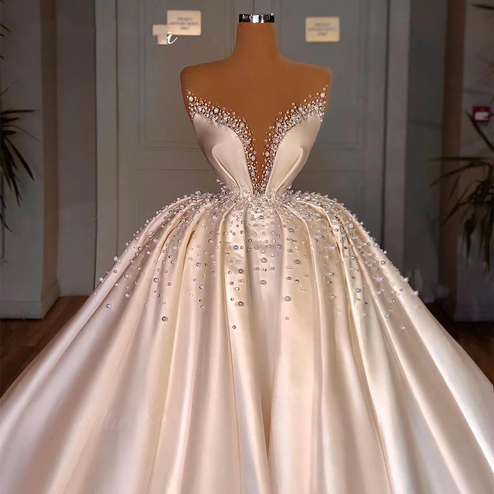 BEAUTIFUL New Luxury Wedding Dresses for women Pearls Beading 2024 Satin Court Train Bridal Gown Princess Vestido De Novia