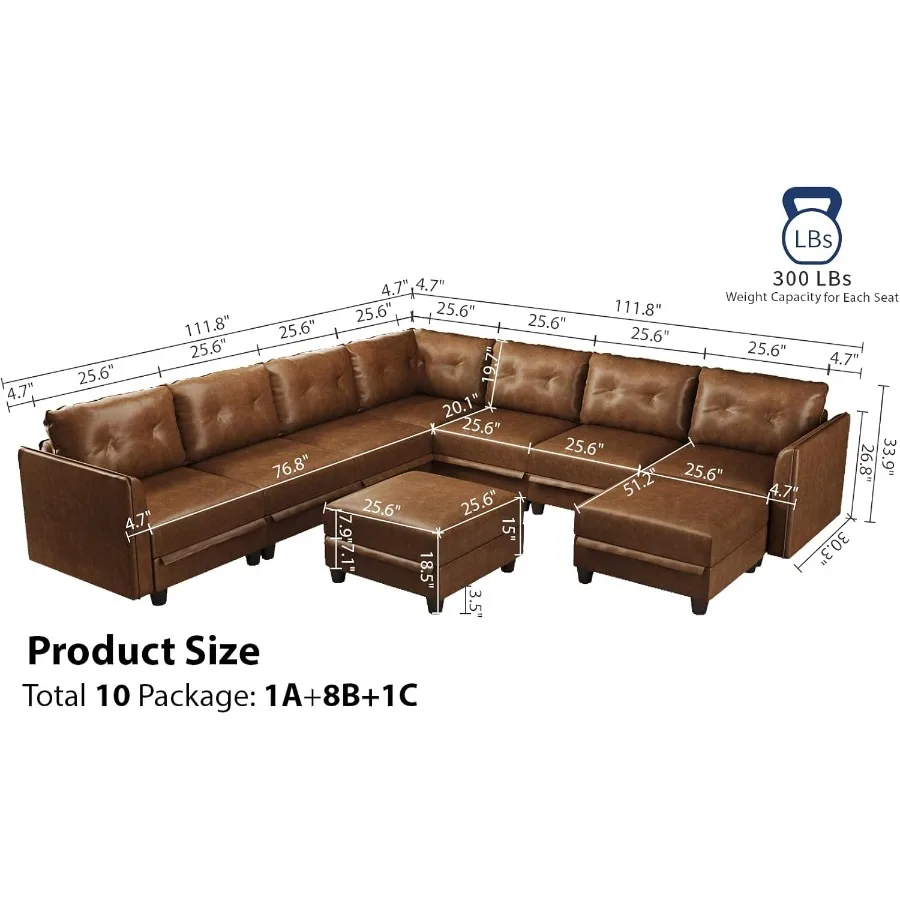 Brown Leather Modular Sofa Sectional Couch with Storage