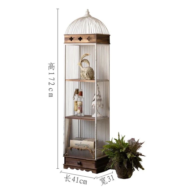 American retro creative bird cage shelf wrought iron display living room display cabinet floor ornament multi-layer bookshelf