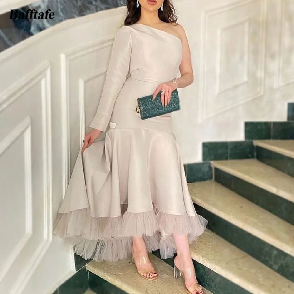 

Bafftafe A Line Satin Tulle Women Prom Dresses One Shoulder Long Sleeves Evening Party Dress Ankle Length Special Occasion Gowns