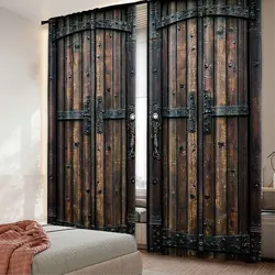 2Pcs Nostalgic Style Wooden Door Pattern Curtains Suitable For Bedroom Bathroom Living Room Dining Room Study Room Office