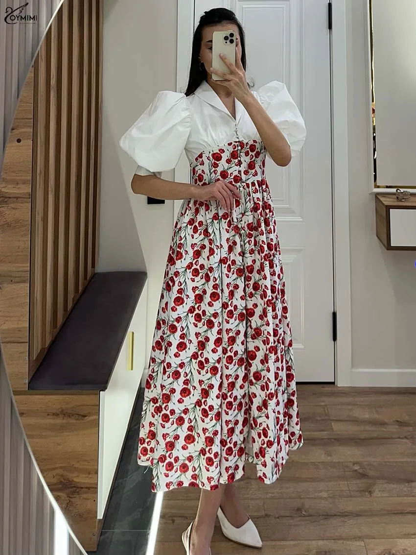 

Oymimi Elegant Red Print Dresses 2025 Woman Fashion Lapel Half Sleeve Single Breasted Dresses Autumn High Waist Mid-Calf Dress