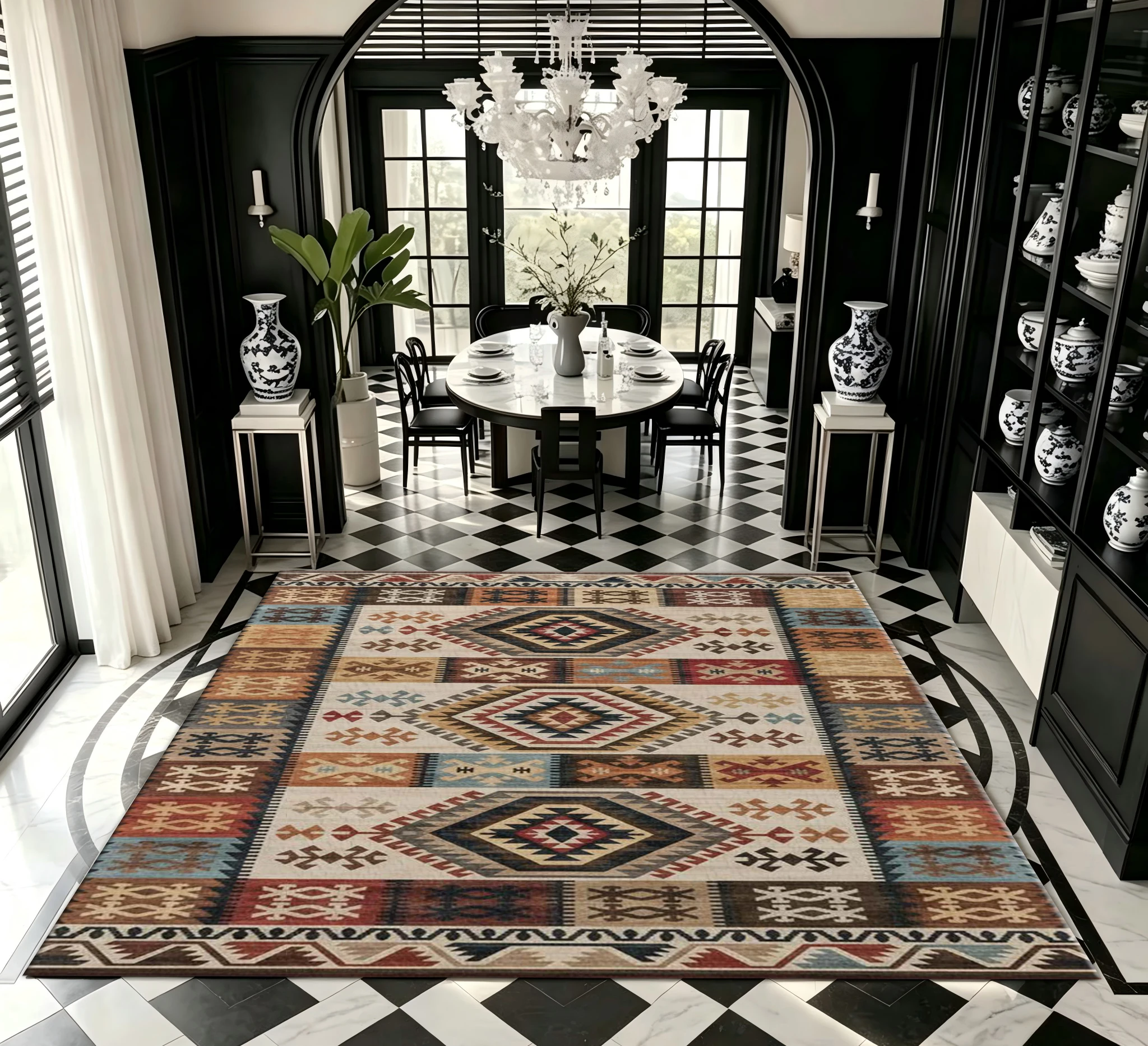 Kilim Tribal Geometric Area Rug Boho Ethnic Style Woven‑Look Carpet Living Room Home Decor Floor Mat