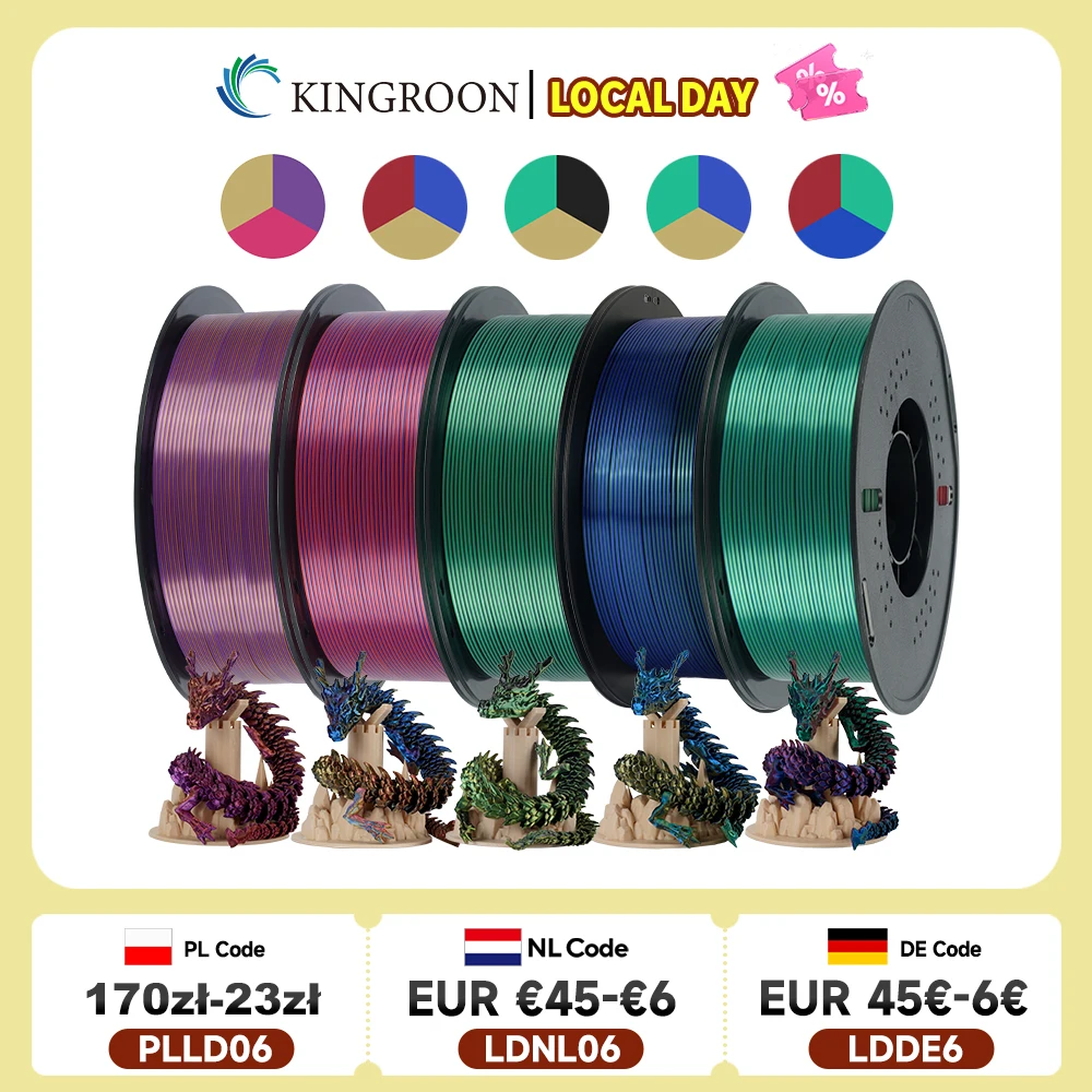 KINGROON 5KG Silk Tricolor PLA Filament 1.75mm, Three-colour Coextrusion 3D Printing Material, New Color Change, 5Roll 1kg/Spool