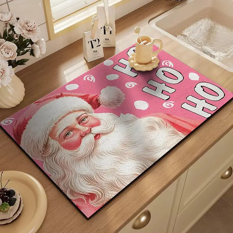 VIKAMA Pink Santa Claus Tableware Drainer Absorbent Quick Dry Coffee Maker Mat Non Slip Christmas Kitchen Countertop Decor