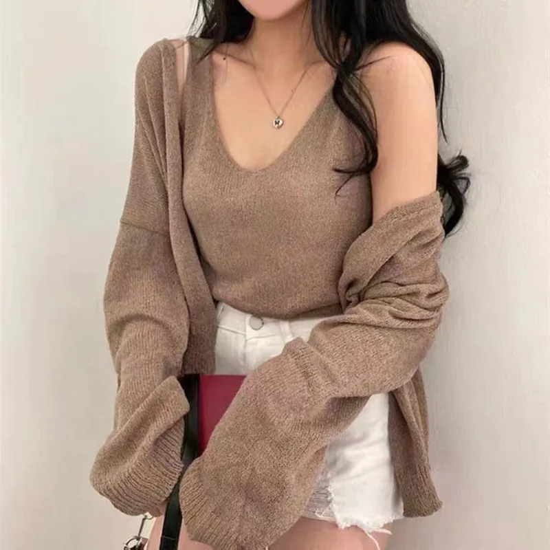 Chic Thin Knitted Cardigan Women's Summer New Long Sve Sun Protection White Top Strap Outerwear Two-Piece Set Sweet Sle ...