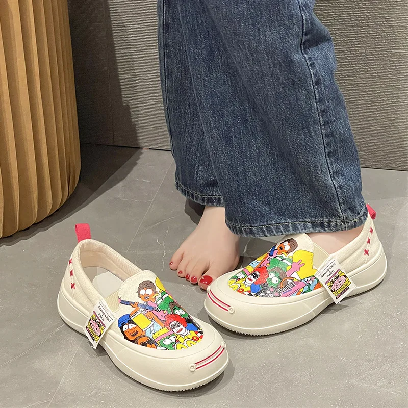 Hong Kong Style Printed Women\'s Shoes 2023 Summer New Slip-on Lazy Casual Shoes Thick Soled Women\'s Shoes