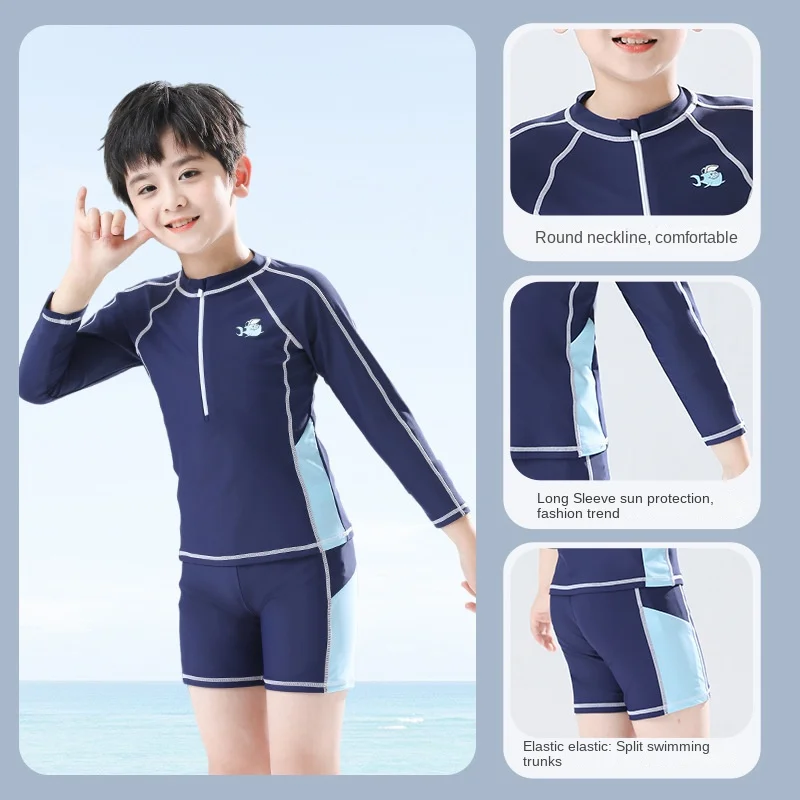 Children's Cute Cartoon Split Body Swimsuit, Long Sleeve, Sun Protection, Quick Drying Swimwear, Summer Swimming Trunks, Baby