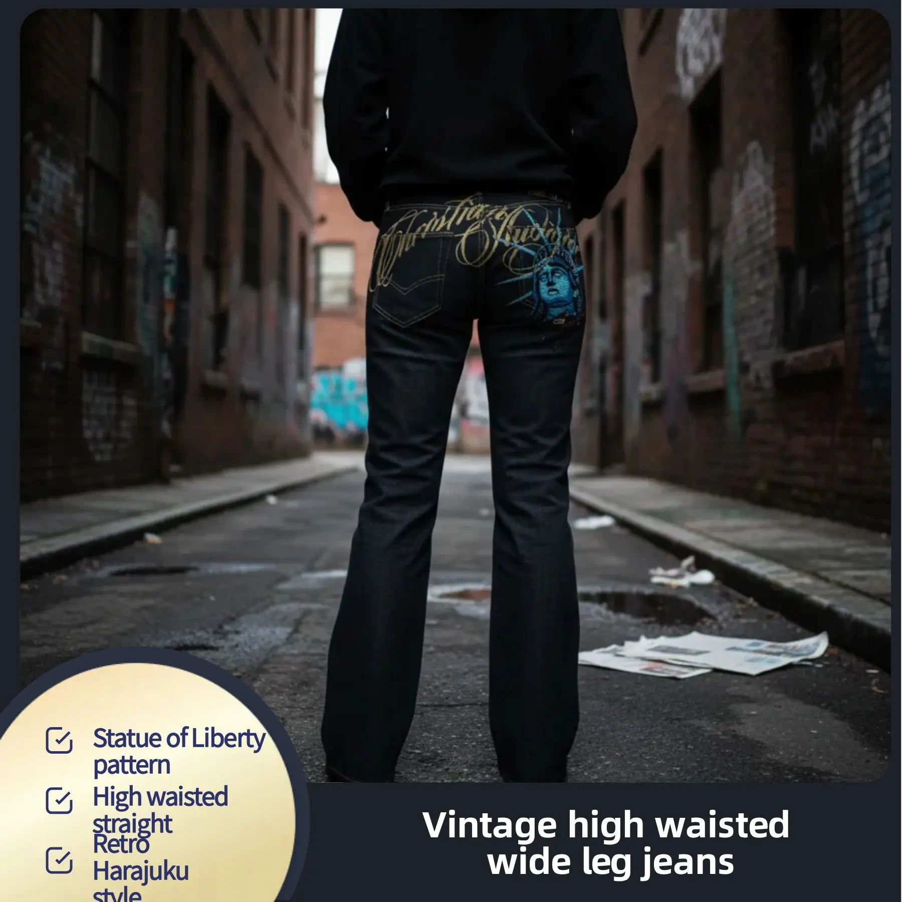 

Y2k 2000-е годы Статуя Свободы Джинсы с бриллиантами Повседневные джинсовые брюки Прямые широкие джинсы с высокой талией Harajuku Винтажная женская одежда