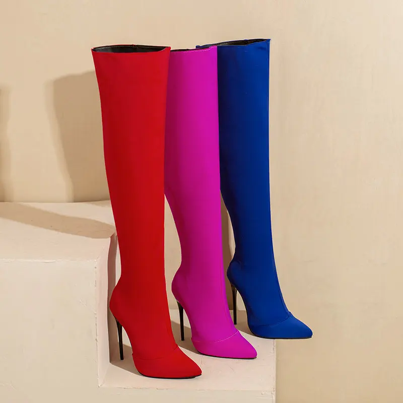 Neon Yellow Blue Orange Pointed Toe Overknees Winter Womens Shoes Super Thin High Heels Over-the-knee Stiletto Thigh Long Boots