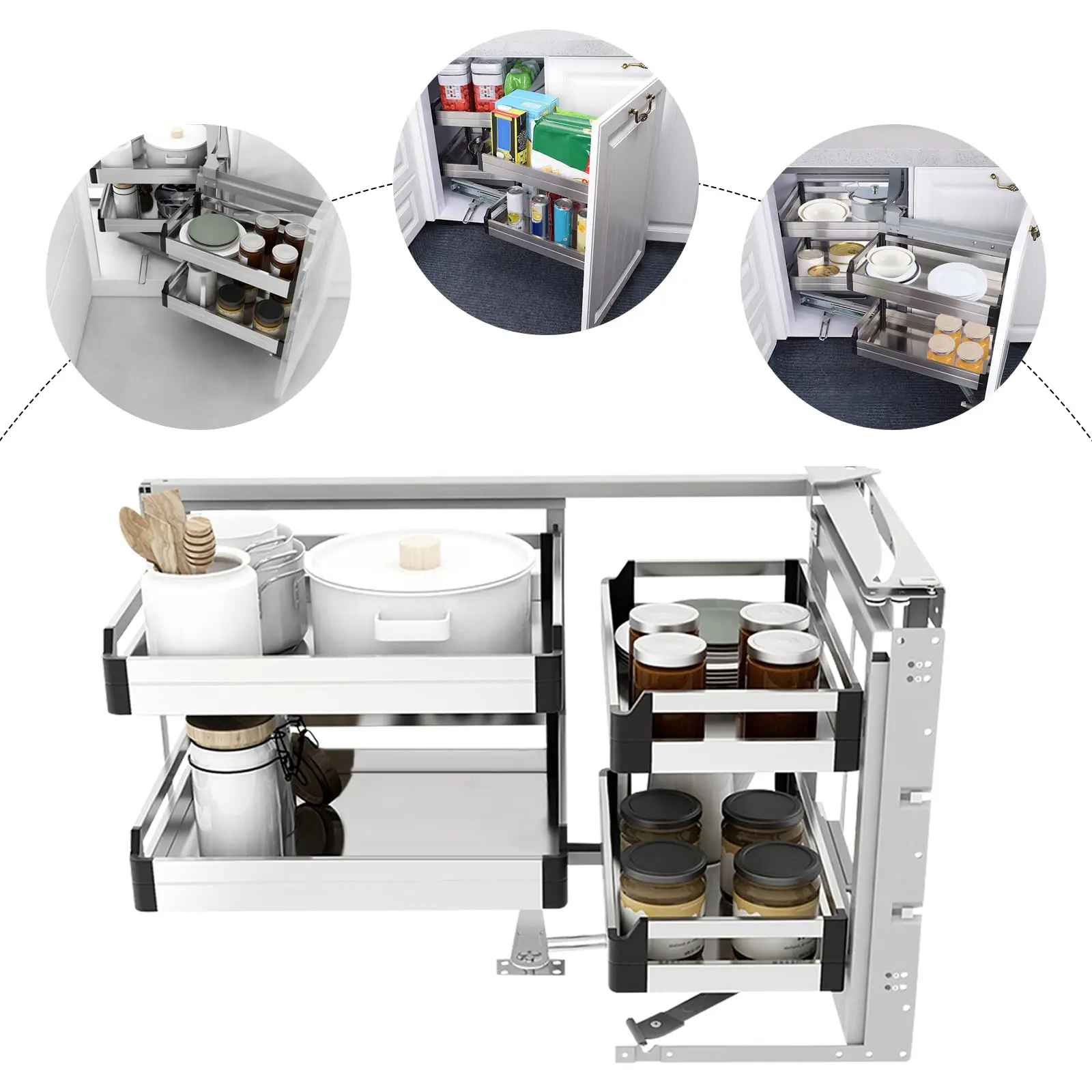 خزانة زاوية عمياء يمين قابلة للسحب، منظم خزانة أعمى محسن الزاوية قابل للتعديل، إغلاق ناعم من الكروم لمطعم المطبخ #5