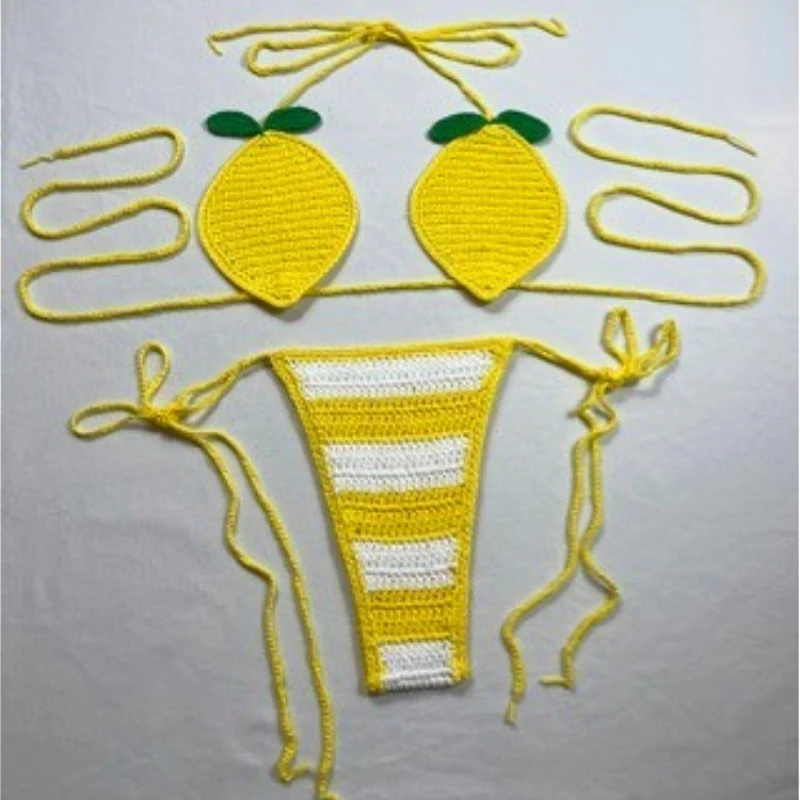 Handgewebter Obst-Badeanzug für Damen, sexy Bikini-Set, Zitrone, Wassermelone, verstellbare Bandage, geteilte Badebekleidung, weiblicher Badeanzug, Strandmode