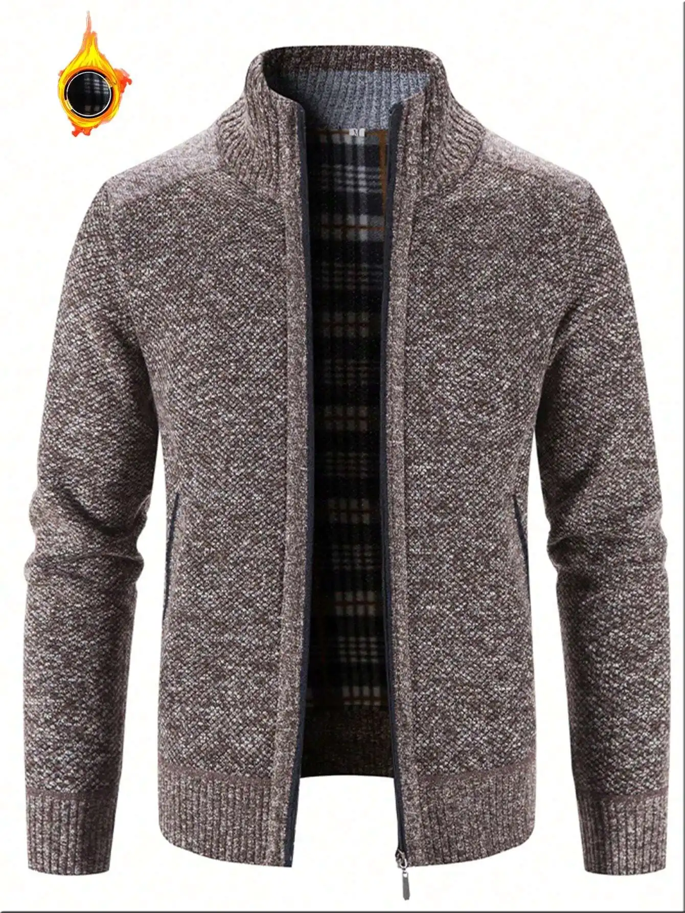 

Men's Stand Collar Zip-Up Knit Cardigan, Thermal Lined Thick Winter Sweater, Business Casual