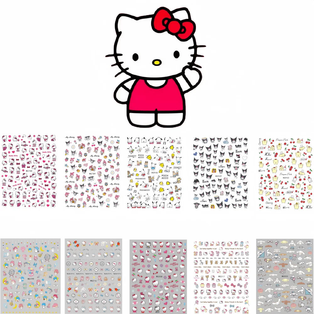 

5PCS-12PCS Cartoon Disney Nail Stickers Set Sanrio Hello Kitty Nail Charms Stickers For Nails Anime Characters Nails Accesories