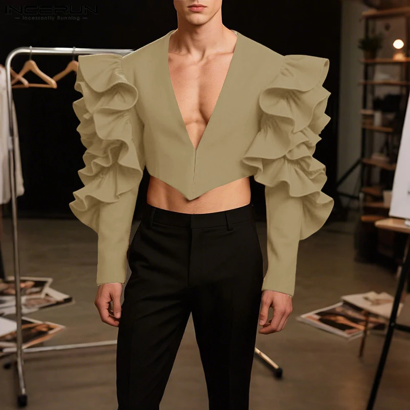 INCERUN Men Irregular Blazer Ruffle Solid Color Long Sleeve Deep V Neck Crop Suit Men Streetwear 2025 Fashion Casual Male Blazer