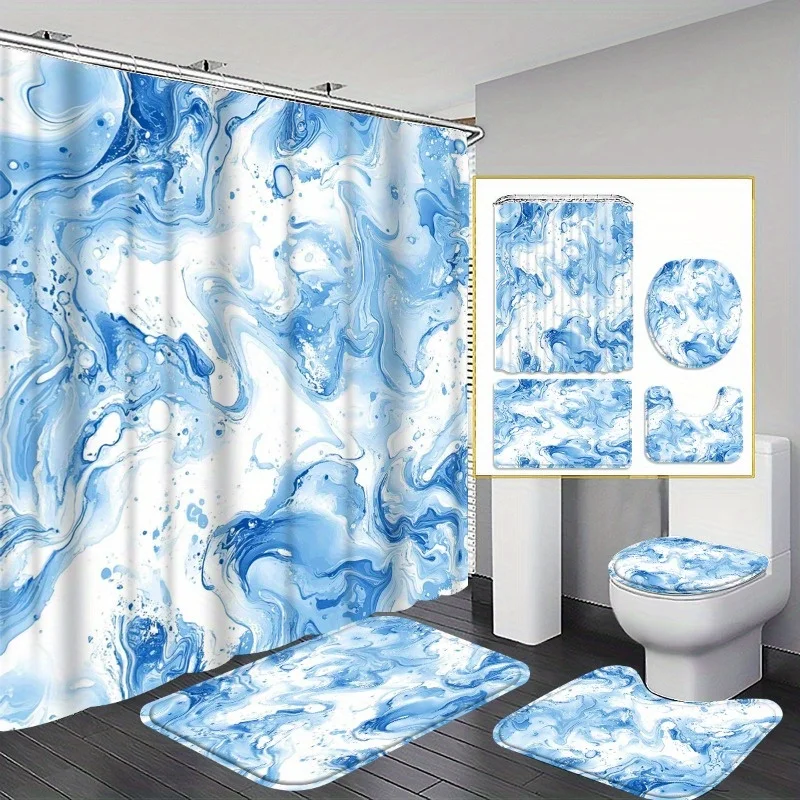 

4pc Blue marble-patterned bathroom set, polyester fabric, includes shower curtain + rug + toilet seat, and U-shaped mat.