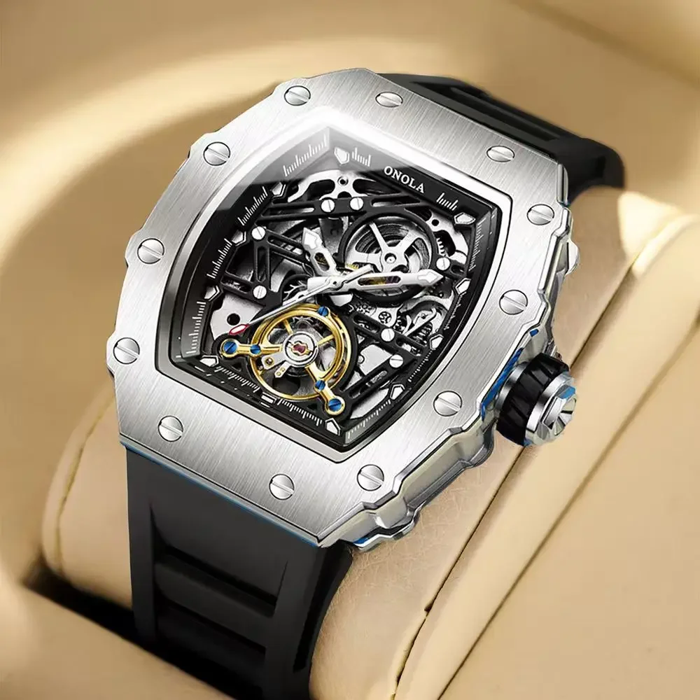 ONOLA 3854 Automatic Movement Men Watch Ourbillon Waterproof Silicone Strap Tonneau Mechanical Watches for Men Relogio Masculino