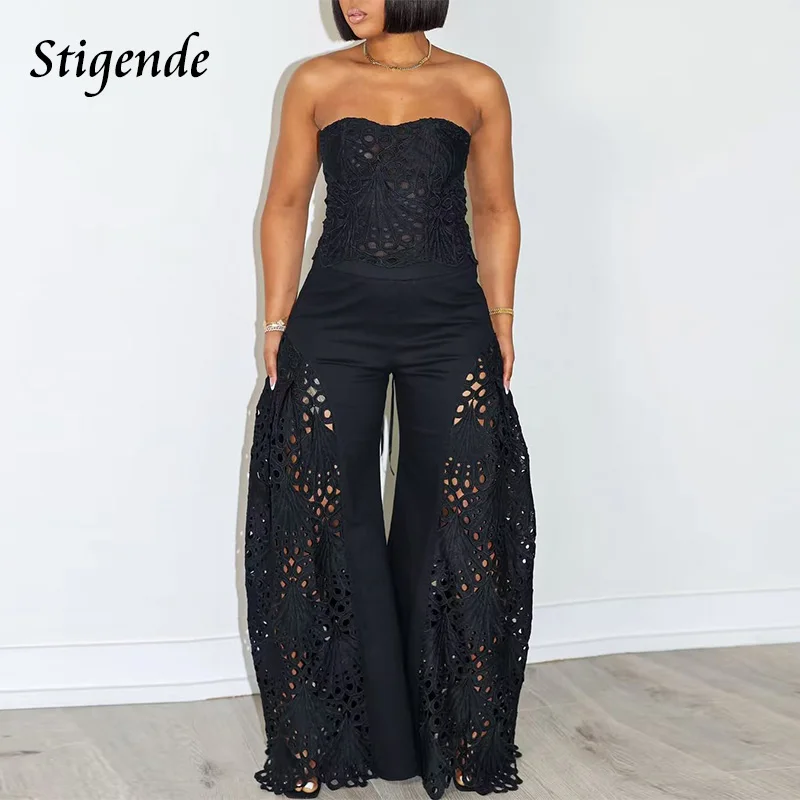 

Stigende женский сексуальный комплект из двух предметов с вырезами, укороченный топ без бретелек на шнуровке и широкие брюки-палаццо