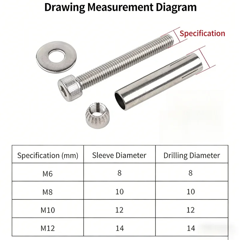 M6 M8 M10 M12 304 Stainless Steel Round Pan Head Cross Internal Expansion Screw Sleeve Concrete Anchor Built-in Tension Bolt