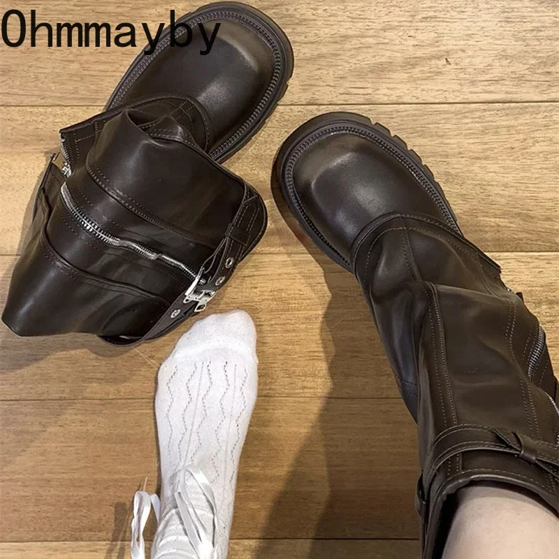 Platform Heel Knee High Boots Women Fashion Ladies Belt Buckle Knight Long Boots Autumn Winter Women\'s Thick Heel Shoes