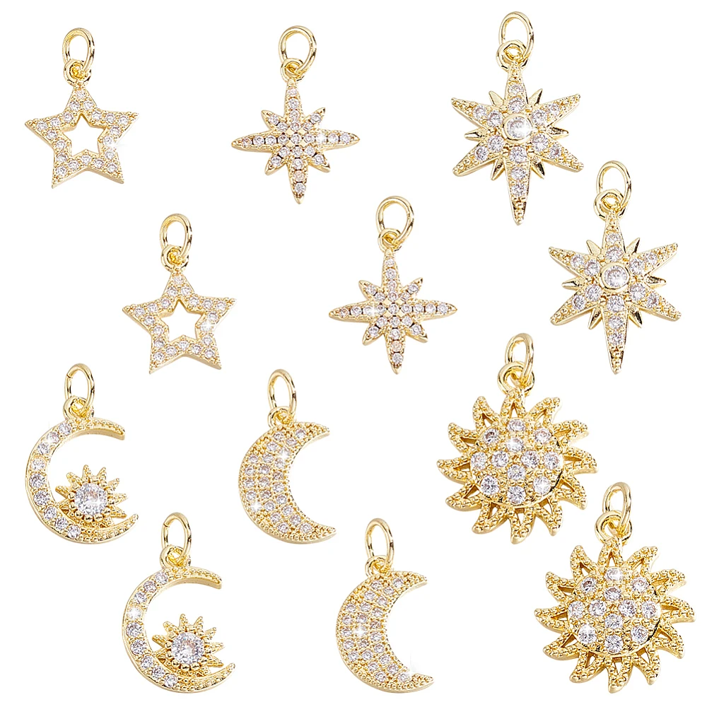 Brass 18k Gold Plated Charms Brass Pave Cubic Zirconia Charms Real 18k Gold Plated Charm Assorted Sun Star Moon Charm